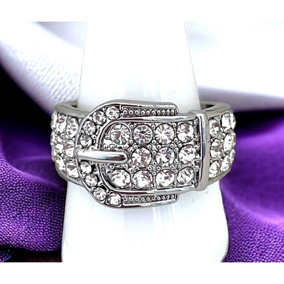 DESIGNER Statement Ring Size 11 Silver Tone Buckle Pave Crystals  5W - Picture 2 of 6